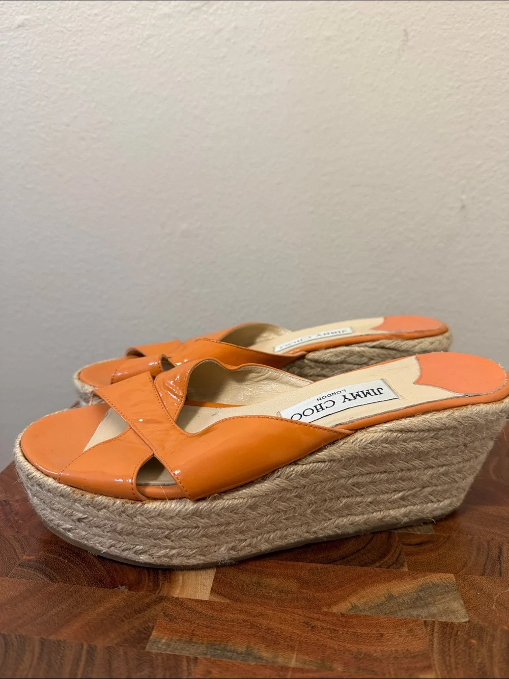 Jimmy Choo Phyllis Wedge Espadrille Orange Patent Leather Sandal Size 37 US 7